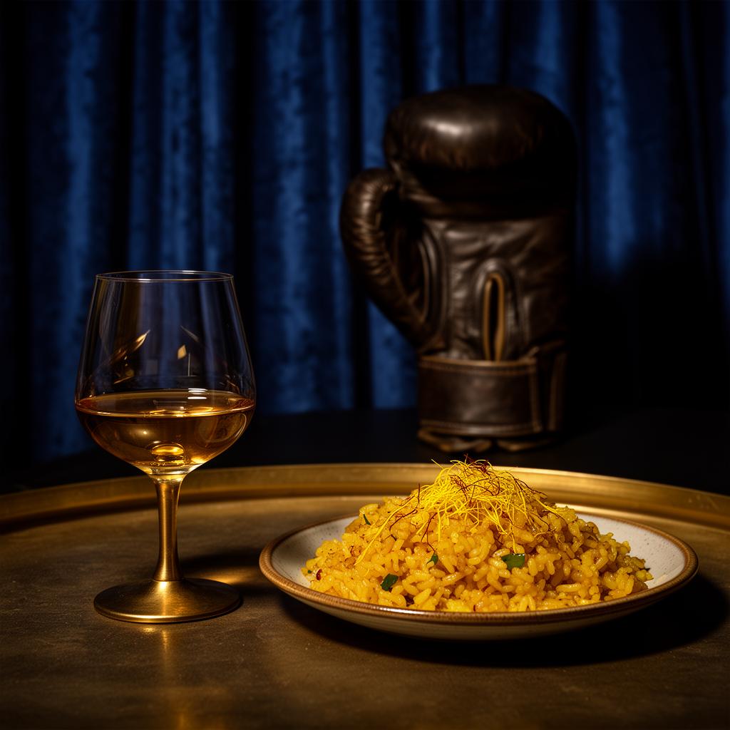 Coctelería, paella y guante de boxeo iluminados sobre cortinaje azul terciopelo
