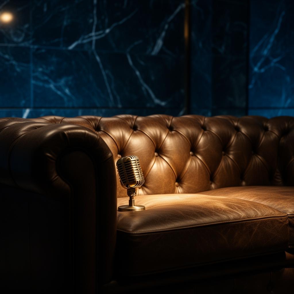 Sofá Chesterfield de cuero marrón iluminado contra pared de mármol azul terciopelo